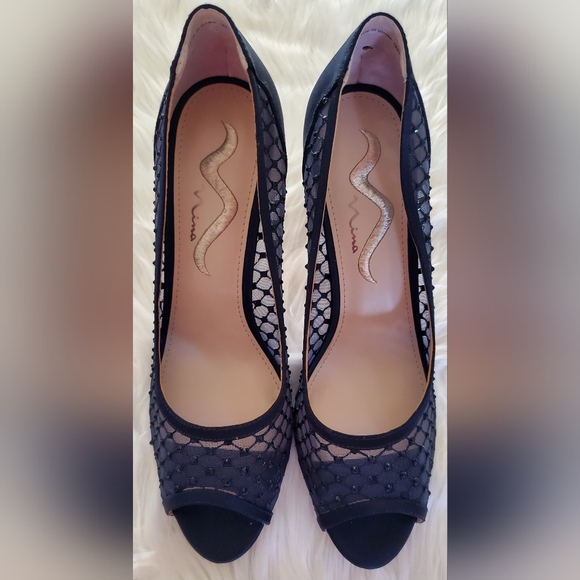 Nina Fanya Satin Navy Peep-Toe Heels With Mesh And Rhinestone Design Size 10 - Picture 5 of 8